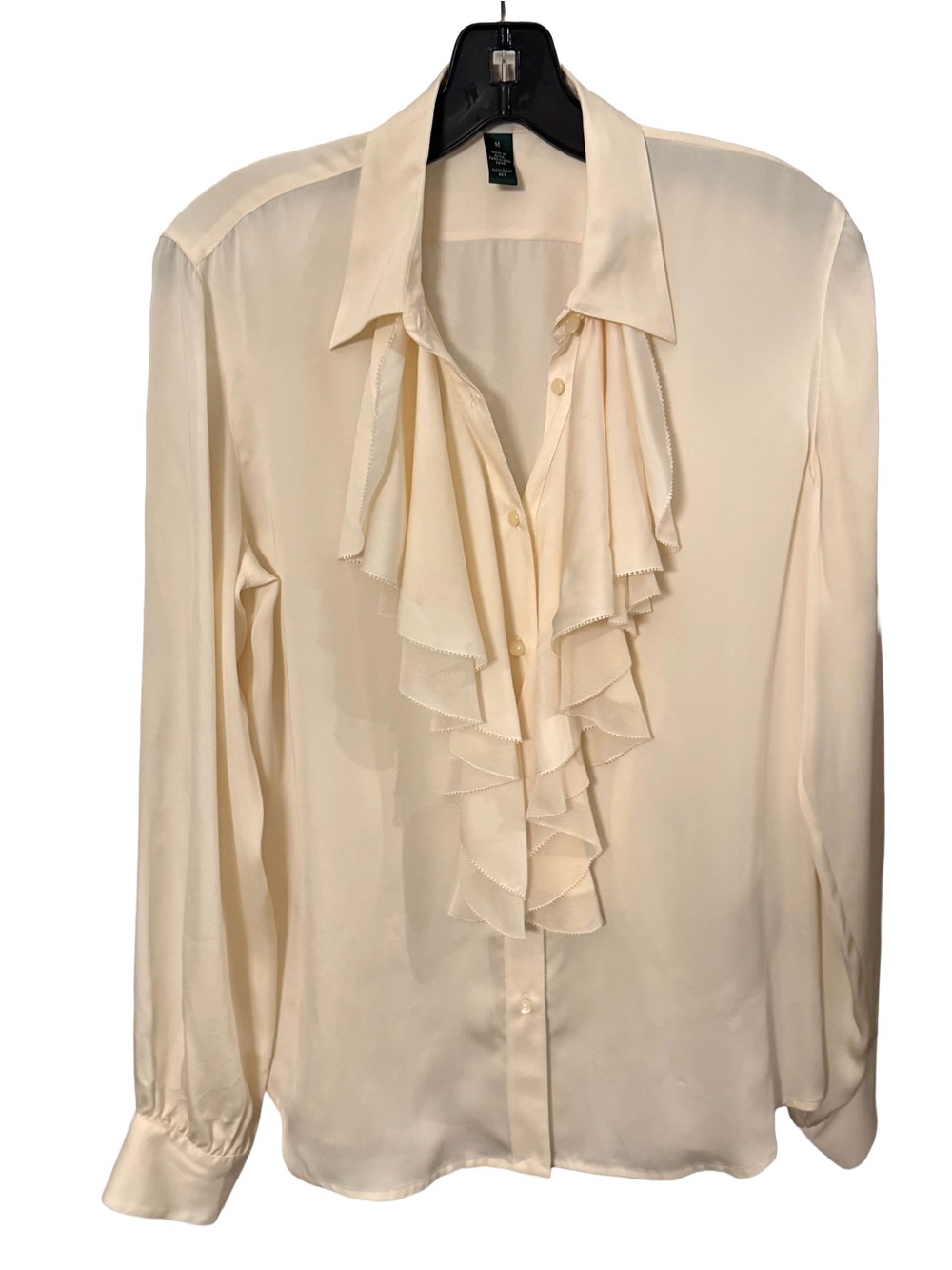 Ralph Lauren Women’s Silk Button Down Shirt Point Collar Ruffled Front Sz M EUC